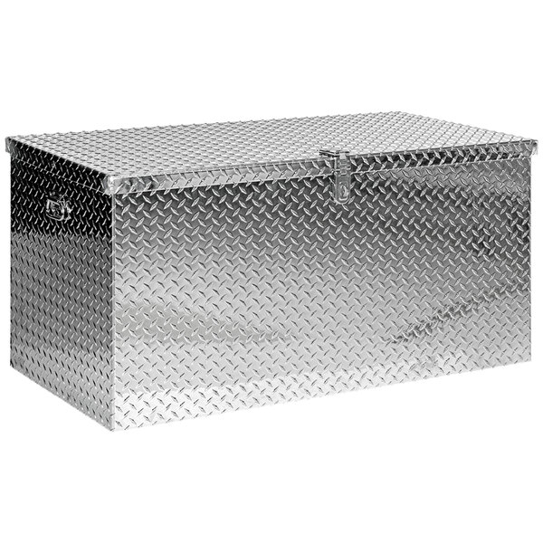 A silver aluminum Vestil tool box with a diamond plate pattern.