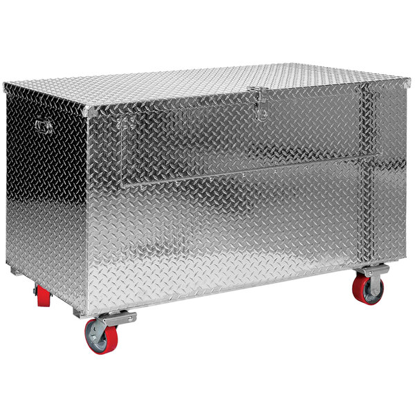 A Vestil portable aluminum toolbox with red wheels.