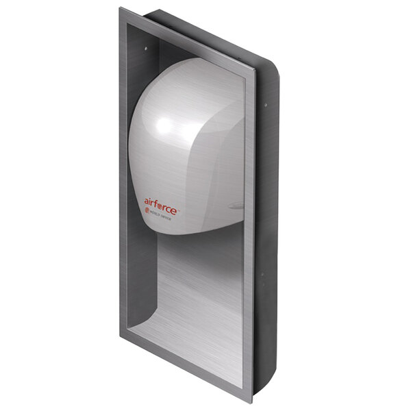 A white rectangular box with red text reading "World Dryer ADA Recessed Mounting Kit" containing a stainless steel rectangular frame.