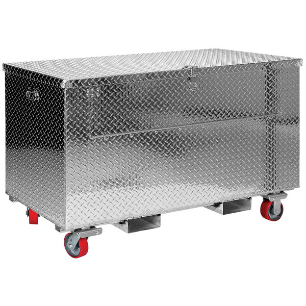 A Vestil aluminum toolbox with tread plate and fork pockets on red wheels.
