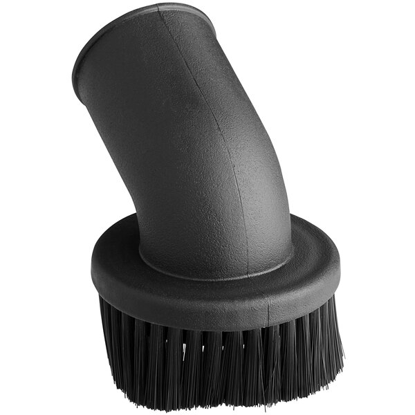 A black circular brush with a black handle.