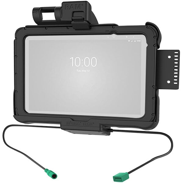A black Zebra tablet in a RAM GDS dock with a cable attached.