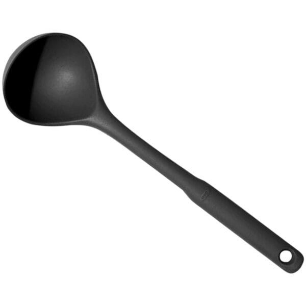 An OXO black silicone ladle with a long handle.