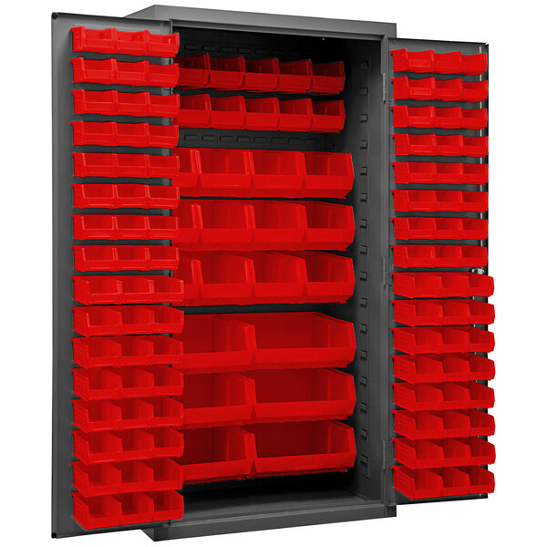 A Durham red storage cabinet with red bins on shelves.