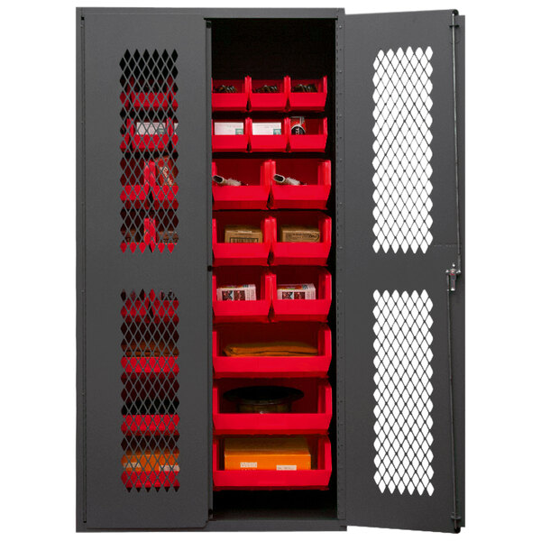 A Durham metal storage cabinet with red bins on the doors.