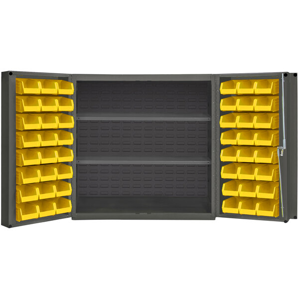 A grey metal Durham storage cabinet with yellow bins on shelves.
