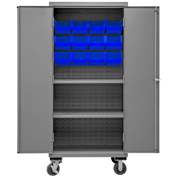A Durham metal storage cabinet with blue bins inside.