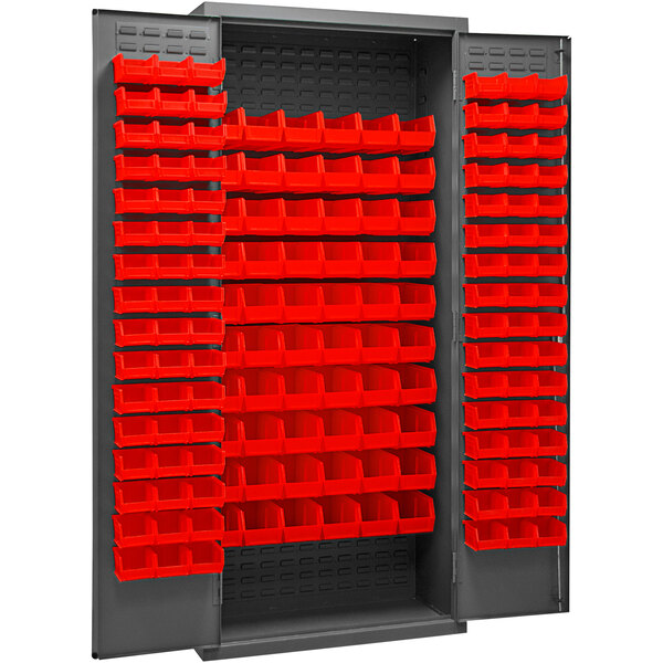 A metal Durham storage cabinet with red bins on shelves.