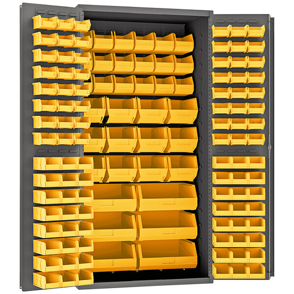 A Durham yellow storage cabinet with lots of yellow bins inside.