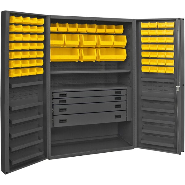 A Durham grey storage cabinet with yellow bins.