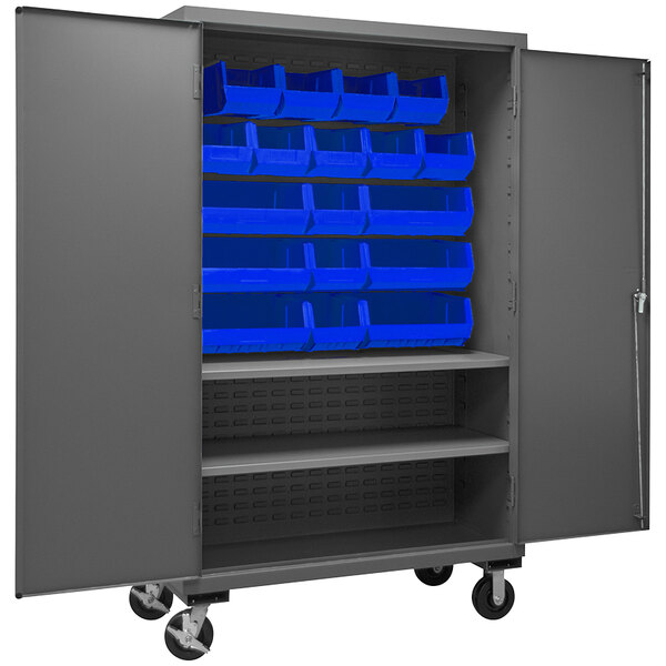A large metal Durham storage cabinet with blue bins on wheels.