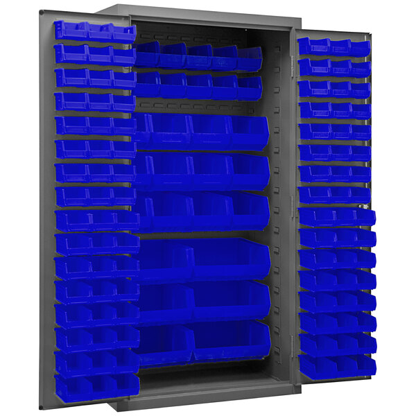 A metal Durham storage cabinet with blue plastic bins on the shelves.