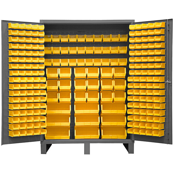 A Durham yellow metal storage cabinet with yellow bins inside.