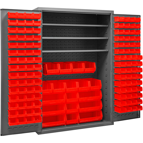 A metal storage cabinet with red bins on a shelf.