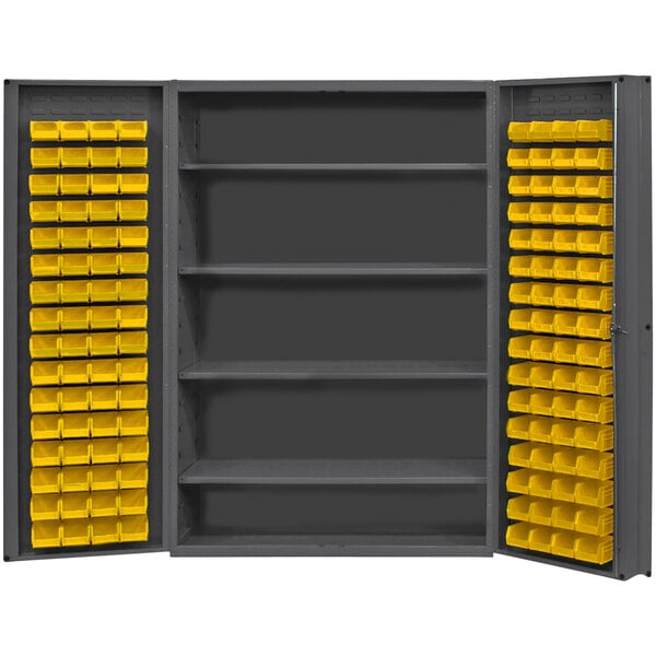 A grey Durham storage cabinet with yellow bins on shelves.
