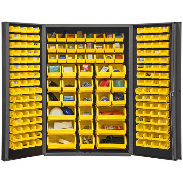 A Durham yellow and black storage cabinet with 176 yellow bins on shelves inside.