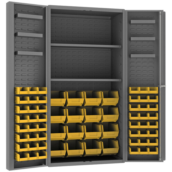A gray metal Durham storage cabinet with yellow bins on shelves.