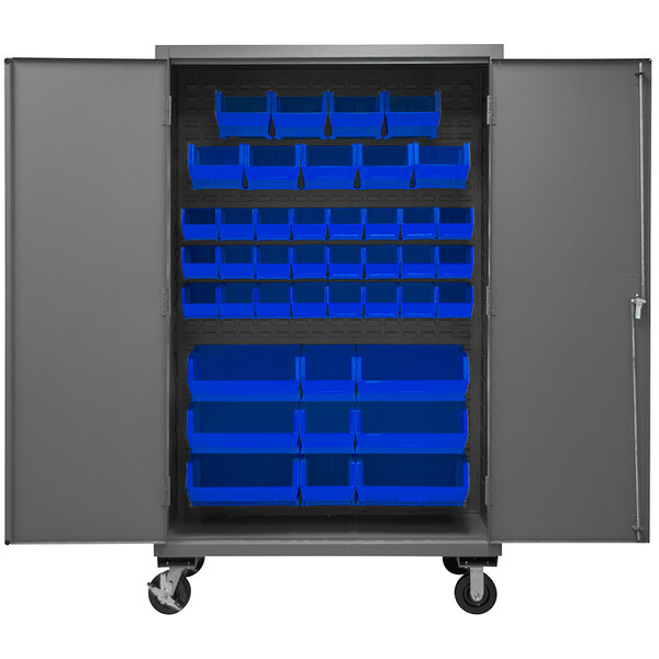 A large metal Durham storage cabinet with blue plastic bins on shelves.