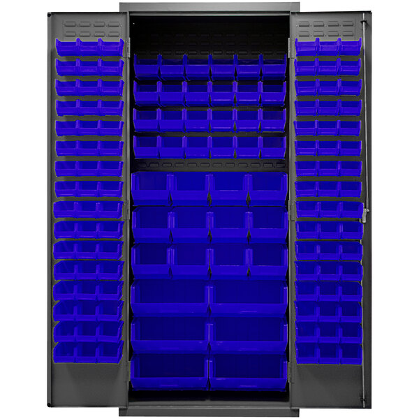 A Durham blue storage cabinet with blue bins on shelves.