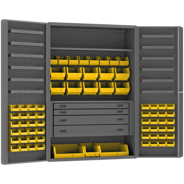 A gray and yellow Durham storage cabinet with yellow bins on shelves.