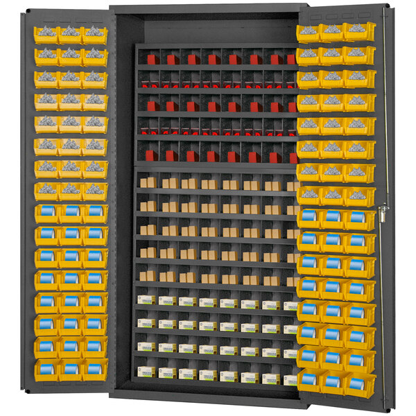 A large metal storage cabinet with yellow and steel bins on shelves.