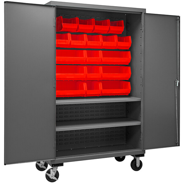 A Durham metal storage cabinet with red bins on shelves.