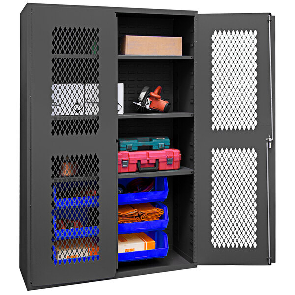A Durham black metal storage cabinet with ventilated doors and blue bins on shelves.