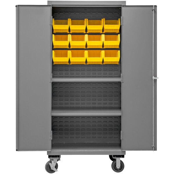 A Durham grey metal storage cabinet with yellow bins on wheels.