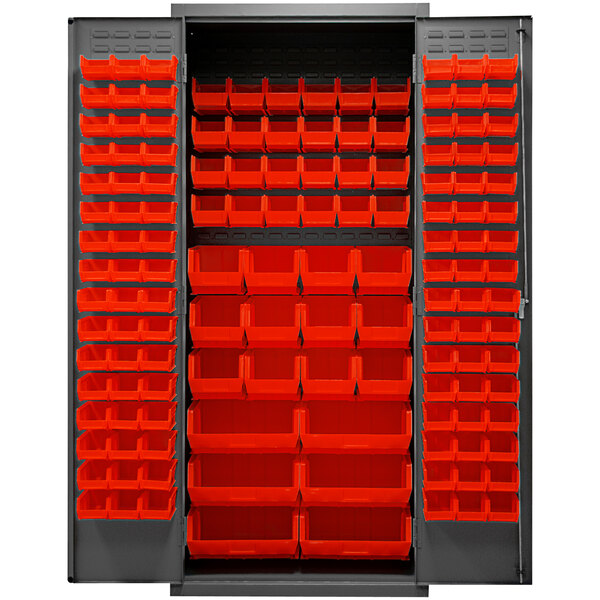 A large metal storage cabinet with red bins on the shelves.