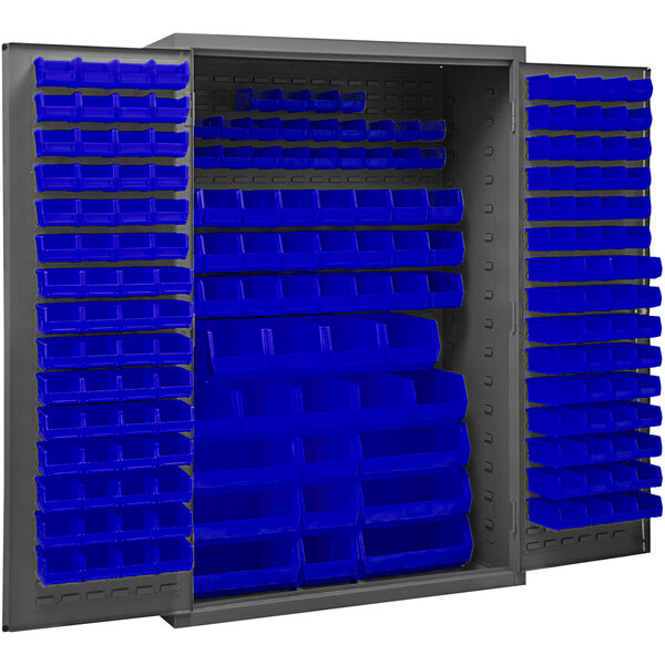 A Durham blue metal storage cabinet with blue bins inside.