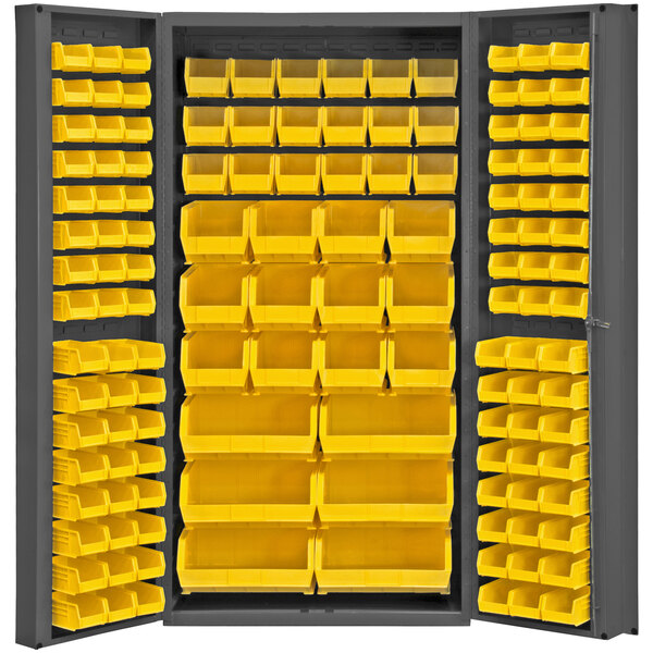 A large metal storage cabinet with yellow bins on shelves.
