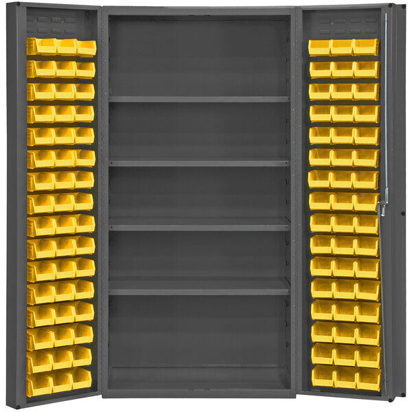 A metal Durham storage cabinet with yellow bins.