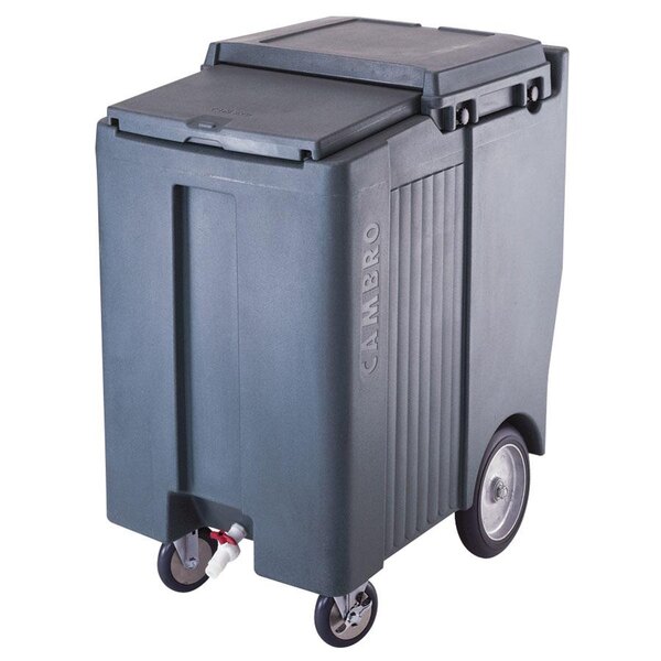 A grey Cambro mobile ice bin with wheels.
