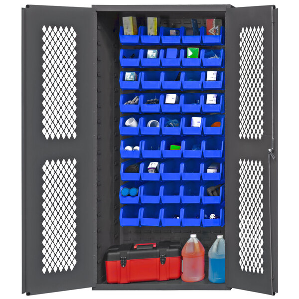 A Durham blue storage cabinet with blue bins.