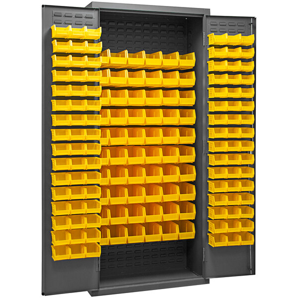 A metal Durham storage cabinet with yellow bins on shelves.