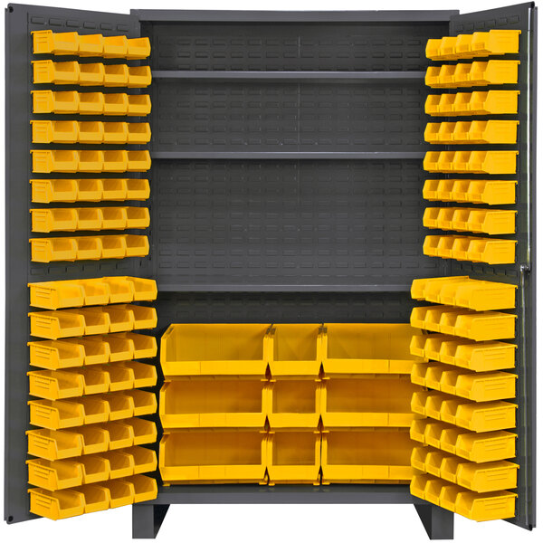 A large metal Durham storage cabinet with yellow bins.