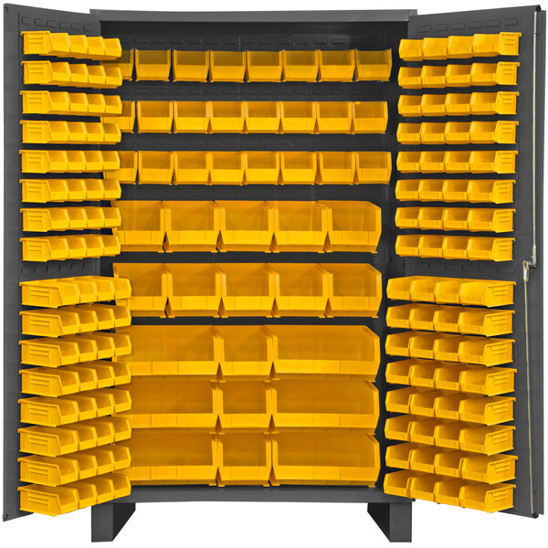A Durham yellow storage cabinet with yellow bins on shelves.