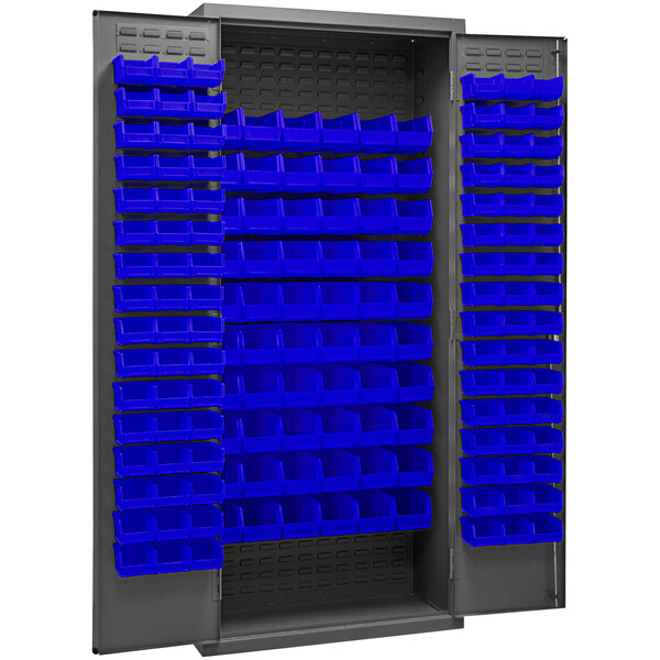 A metal Durham storage cabinet with blue bins inside.