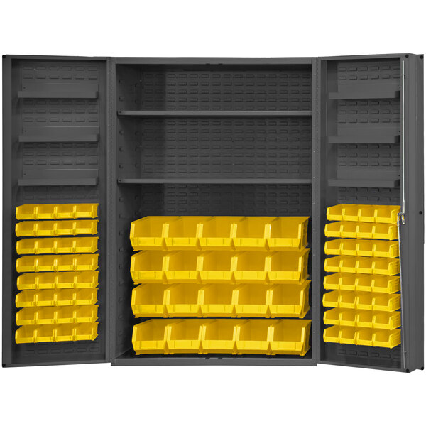 A black and yellow Durham storage cabinet with yellow bins on shelves.