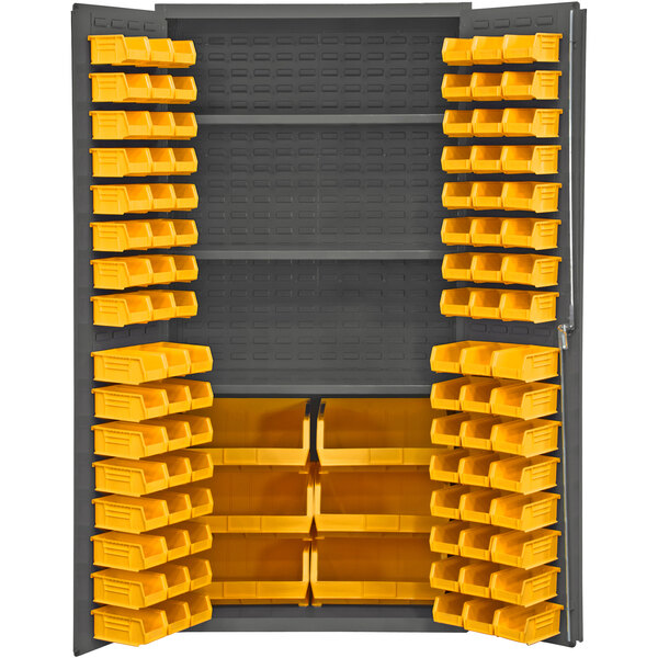 A metal cabinet with yellow bins on a shelf.