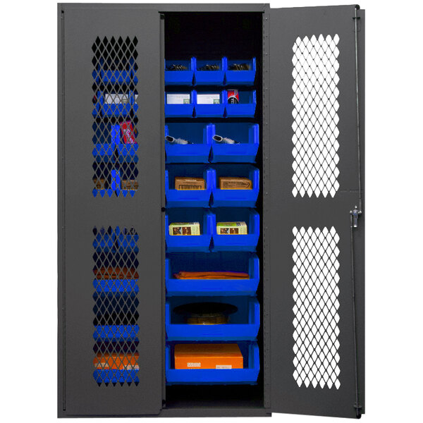 A Durham Manufacturing metal storage cabinet with ventilated doors storing blue plastic bins.