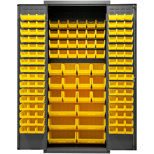 A large metal cabinet with yellow bins on shelves.