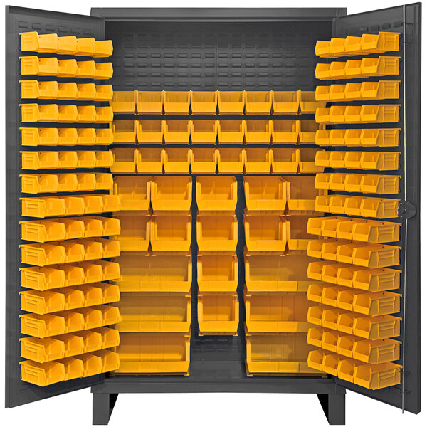 A grey Durham storage cabinet with yellow bins inside.