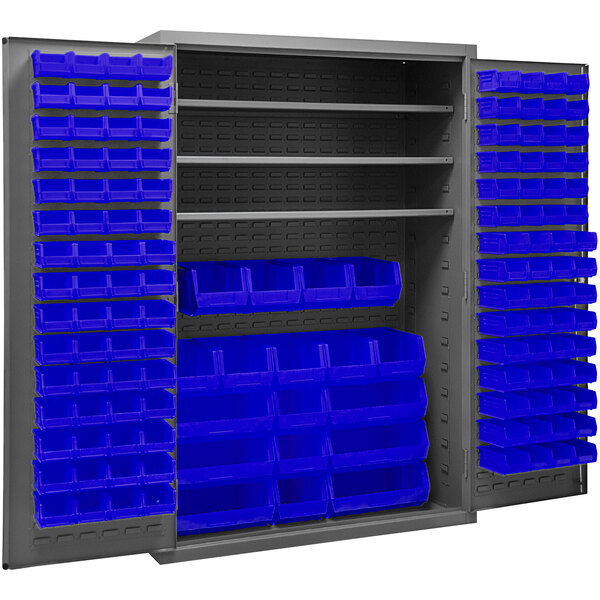 A metal Durham storage cabinet with blue bins on shelves.