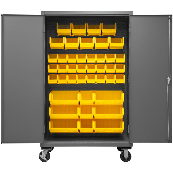A large metal Durham storage cabinet with yellow bins on the side.