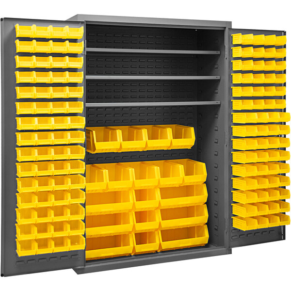 A large metal storage cabinet with yellow bins.