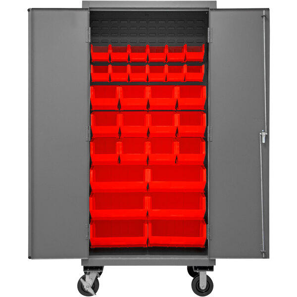 A grey Durham storage cabinet with red bins inside and wheels.