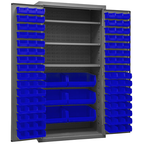 A Durham blue metal storage cabinet with blue bins.