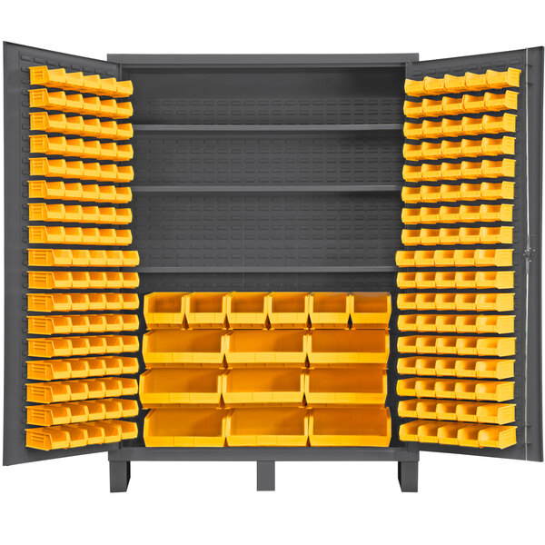 A Durham Manufacturing large metal storage cabinet with yellow bins on shelves.