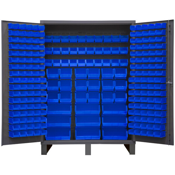A large Durham blue storage cabinet with blue bins.
